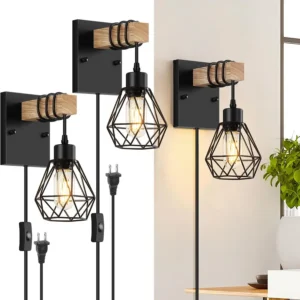 Vintage Wood Wall Lamps with Plug in Cord
